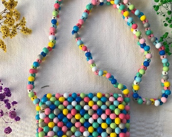 Bolso de cuentas de madera de colores hecho a mano, bolso cruzado para niños, bolso de cuentas de hombro, bolso de cuentas de madera hecho a mano, monedero para niños, mini bolsos de cuentas, regalo para niños