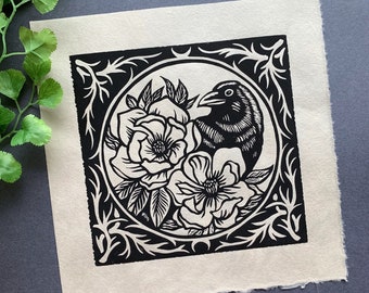 Raven & Magnolia Linocut Print