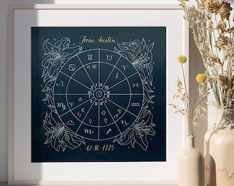 Custom handlettered astrology chart - silver & gold with stargazer lilies