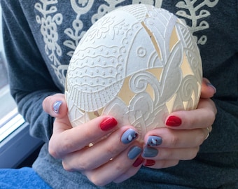 Carved Ostrich Egg (Ukrainian Pysanka): fish