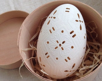 Ukrainian Carved Goose Egg Pysanka with traditional old symbols: Flower Field
