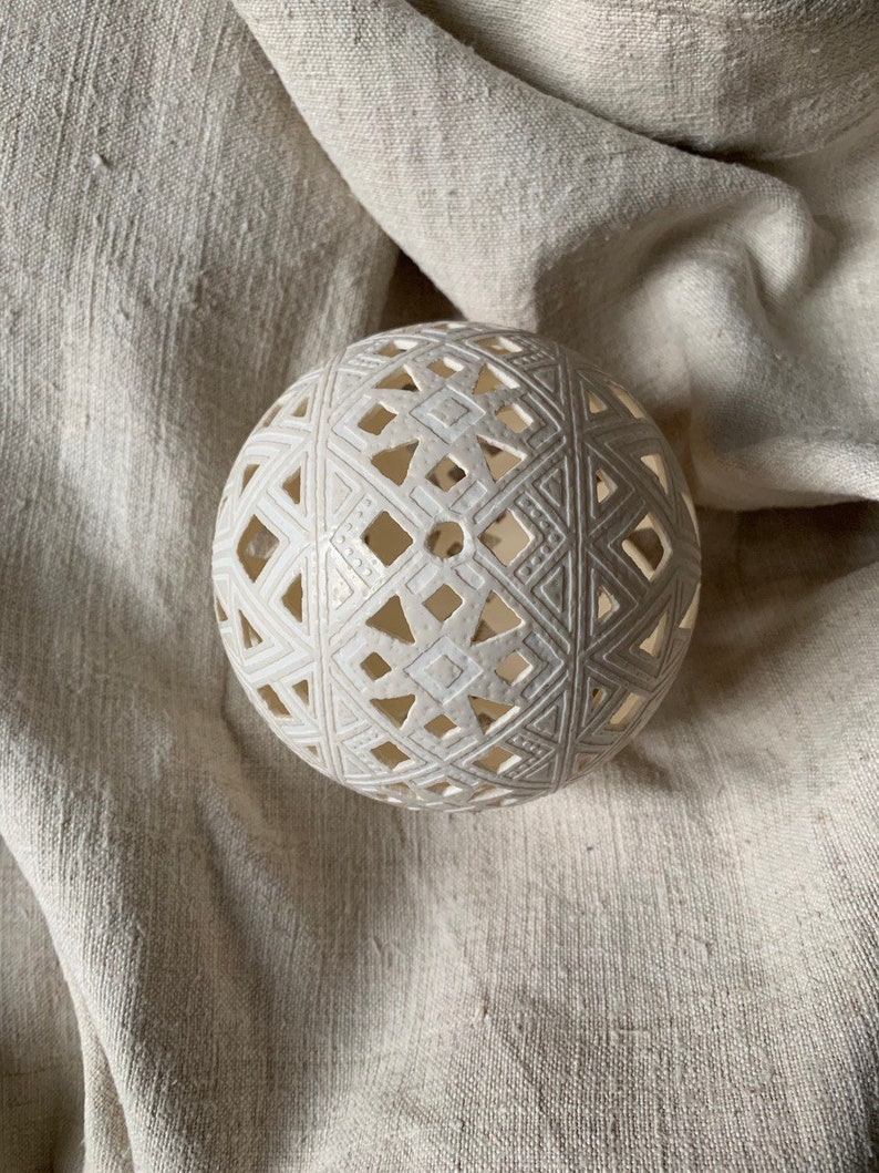 Carved Ostrich Egg Ukrainian Pysanka: octagonal star image 2