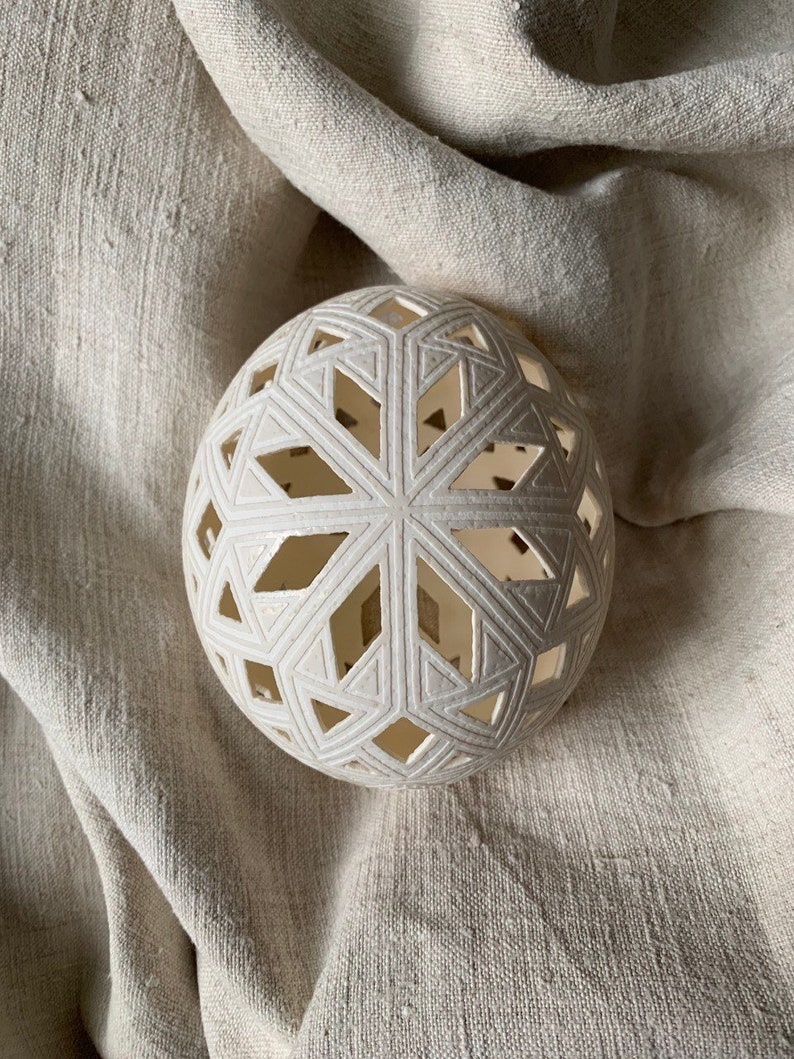 Carved Ostrich Egg Ukrainian Pysanka: octagonal star image 1