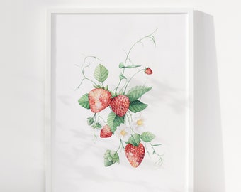 イチゴの水彩画アートプリント：キッチンフルーツイラスト - Etsy 日本