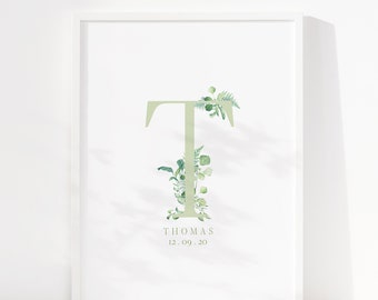 Personalized Floral Initial Print, Watercolor Monogram Nursery Decor