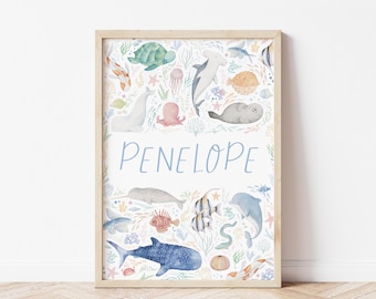 Personalized Ocean Baby Name Nursery Art Print - Sea Animals Illustration