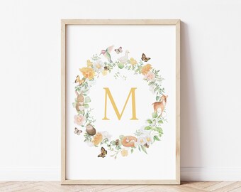 Personalized Baby Initial Print – Floral Animal Nursery Art