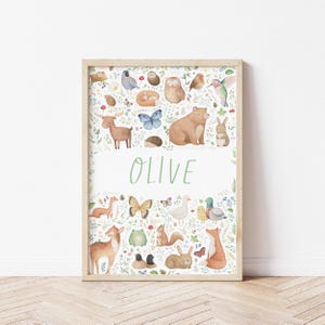 Personalised woodland name print - A4 baby name print - nursery art print - woodland forest animal illustration - baby name gift painting
