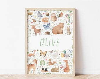 Personalized Woodland Baby Name Nursery Art Print - Forest Animals Illustration