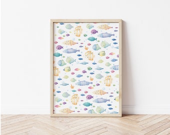 Cute ocean illustration print - A4 watercolour fish - ocean print - nursery print - nursery gift - nature print - childrens bedroom print