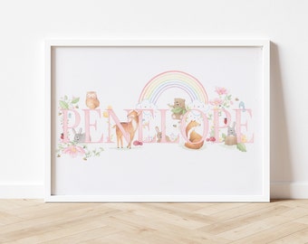 Personalized Watercolor Baby Name Painting  FONT 2 - Floral Animal Nursery Gift