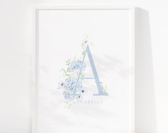 Floral Watercolor Initial Print, Personalized Baby Name Nursery Decor