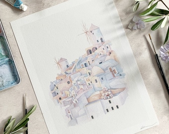 Santorini Watercolor Art Print – Greek Island Illustration, A4 Giclée