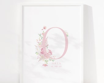 Personalized Baby Name Floral Initial Print, Watercolor Monogram