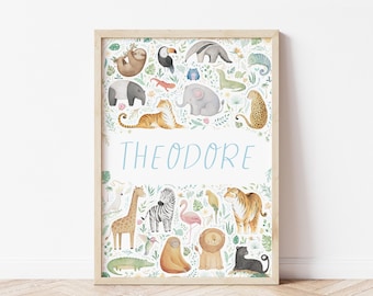 Personalized Jungle  Baby Name Nursery Art Print - Safari Animals Illustration