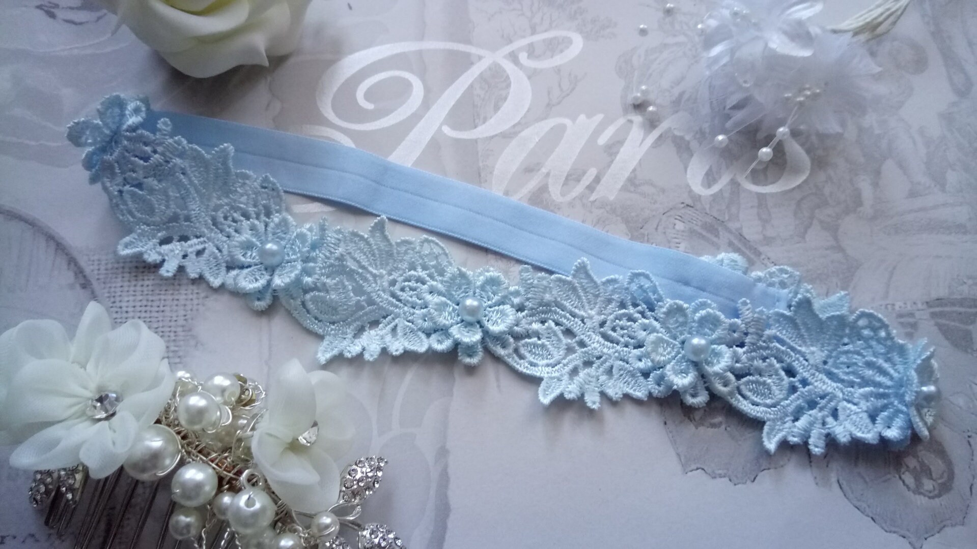 Wedding Garter. Vintage pale Blue Guipure Venise lace Boxed | Etsy