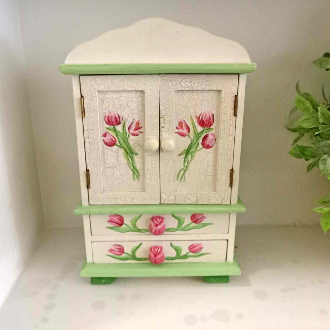 Little Wooden Vintage Doll House Wardrobe Shape Trinket Box