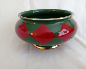 Unique Harlequin Bowl, Footed Elegant Green Red Harlequin Dish, Diamond Design Decorative Bowl, Bowl for Centerpiece, Christmas Bowl Decor