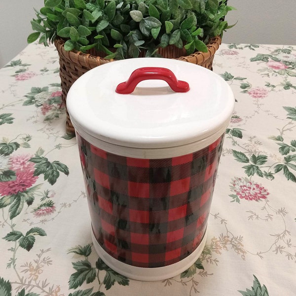 Sleigh Bell Bistro Buffalo Plaid Cookie Jar, Red Black Checker Board Design Tall Canister, Really Nice large Cookie Jar