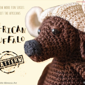 May include: A crocheted African buffalo toy in shades of brown and cream. The toy has large, dark eyes and a textured appearance. The image includes text that reads "The African Buffalo" and "Pattern".