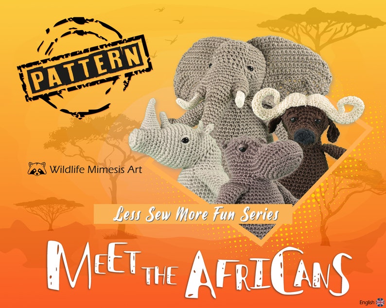Amigurumi Elephant, Hippopotamus, White Rhino, African Buffalo Crochet Patterns Less Sew More Fun: Meet the Africans PDF & Photo Tutorial image 1