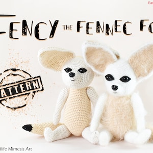 May include: Crochet pattern for a Fency the Fennec Fox. The pattern includes two different versions of the fox, one with a fluffy texture and one with a smooth texture. The pattern is labeled as "Easy" and is available in English.