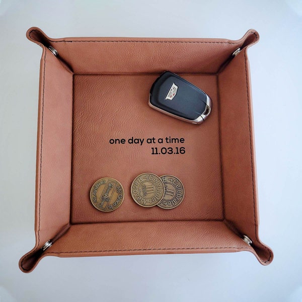 Custom Leatherette Valet Tray | Sobriety Gift | AA | Recovery Anniversary | One Day At A Time | Celebrate Recovery | Inspiration Gift