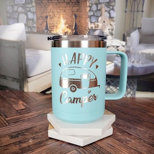 Happy Camper Engraved Polar Camel 15oz Mug | Camping Gift | Personalized Gift | Camp Life | Travel Tumbler | Tent Camp | RV Camper | Campers