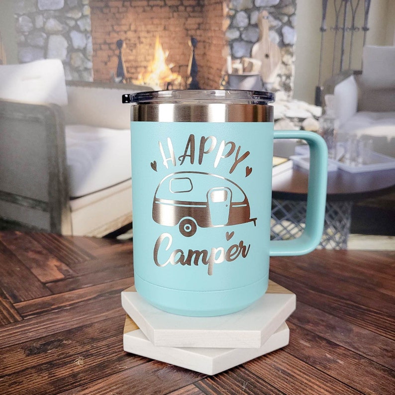 Happy Camper Engraved Polar Camel 15oz Mug Camping Gift Personalized Gift Camp Life Travel Tumbler Tent Camp RV Camper Campers image 1