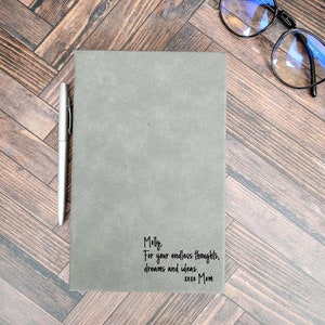 Peut inclure: Journal en simili cuir gris avec l'inscription "Molly, For your endless thoughts, dreams and ideas. xoxo Mom" en bas à droite.