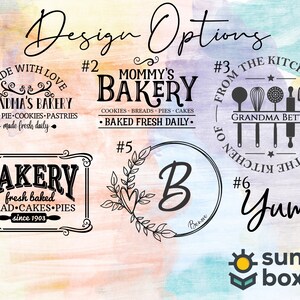May include: A graphic design sheet with 6 different bakery logo options. The logos are in black and white and feature various designs, including a heart, a wreath, a letter B, and a kitchen with baking tools. The text on the logos includes "Grandma's Bakery", "Mommy's Bakery", "From the Kitchen of Grandma Betty", "Bakery", and "Yum".