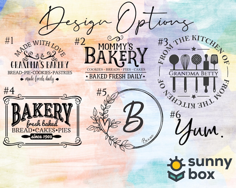 May include: A graphic design sheet with 6 different bakery logo options. The logos are in black and white and feature various designs, including a heart, a wreath, a letter B, and a kitchen with baking tools. The text on the logos includes "Grandma's Bakery", "Mommy's Bakery", "From the Kitchen of Grandma Betty", "Bakery", and "Yum".