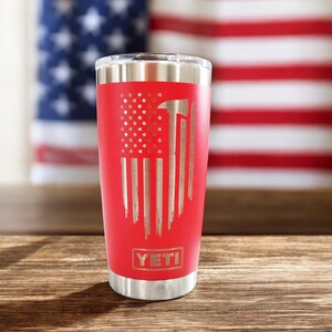 Thin Red Line Firefighter Flag Engraved YETI Tumbler | Axe Fire Department Swag | FD | Personalized Fireman Gift