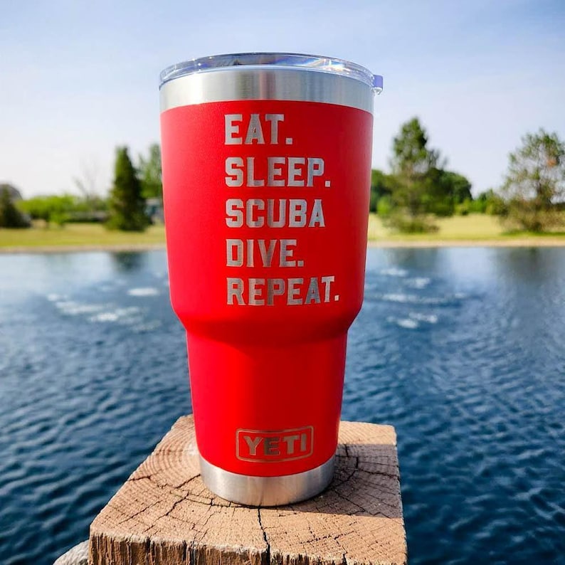 Eat Sleep Scuba Dive Repeat Engraved YETI Rambler Tumbler | Engraved Travel Mug | Water Sports Mug | Scuba Diver Gifts | Scuba Diving image 1