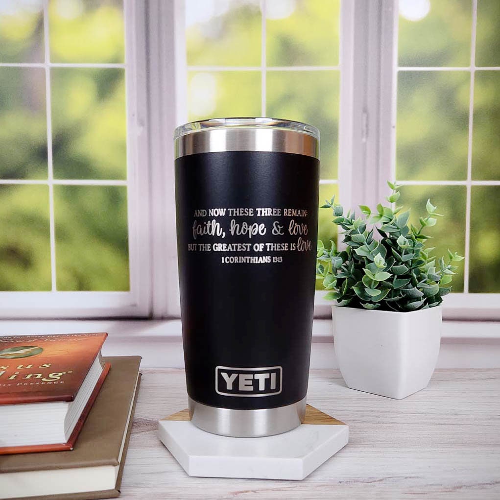 Faith Can Move Mountains – Engraved Tumbler Mug Cup, Yeti Style Cup,  Religious Gift – 3C Etching LTD