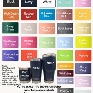 The image is a collection of various colored water bottles, each with a different color and size, arranged in a grid format.