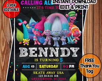 Trolls Invitation Instant Download, Trolls Birthday Party Invitation, Trolls Thank You Tags, Trolls Invitation Template, Editable PDF Invite