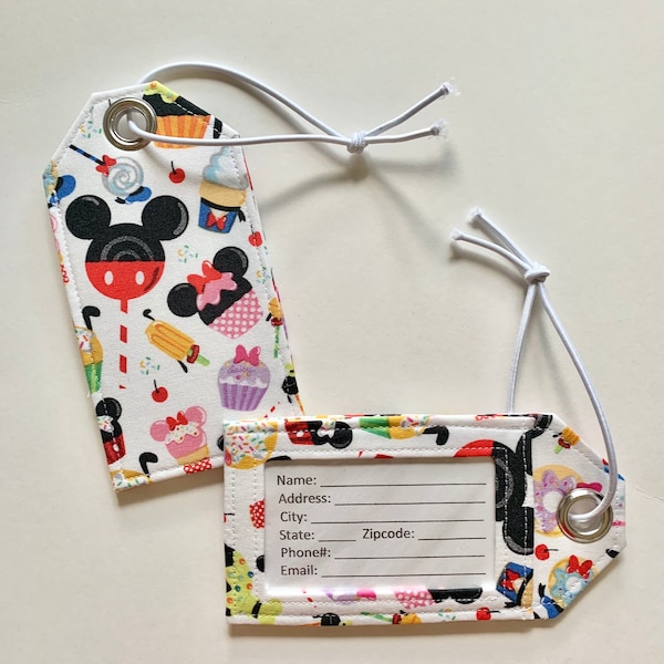 Disney Foodie and Snacks White Fabric Luggage Tag, Fabric ID Tag, Backpack Name Tag, Lanyard ID Tag, Disneyland, Disney World, Mickey Minnie