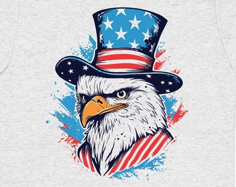 Águila patriótica con camiseta con sombrero de rayas y estrellas, Día de la Independencia, 4 de julio, 4 de julio, Pájaro rojo, blanco y azul de la libertad, 4 de julio