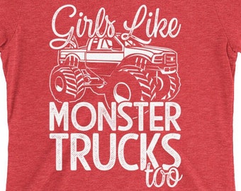 Women's Monster Truck Tri-Blend T-Shirt, Girls Like Monster Trucks Too, Monster Truck Motorsports Show, Mom and Daughter Monster Truck Shirt