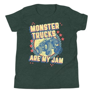 May include: A green youth t-shirt with a retro-style graphic of a monster truck. The graphic features the text "Monster Trucks Are My Jam" in a colorful font.