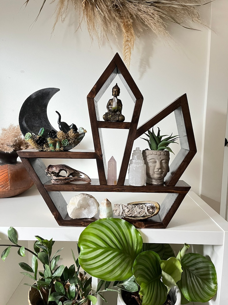 Wood Crystal Altar Shelf with Moon Phase Side Design image 2