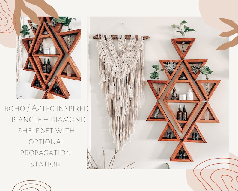 Boho / Aztec inspired triangle diamond shelf set with optional propagation station add on image 1