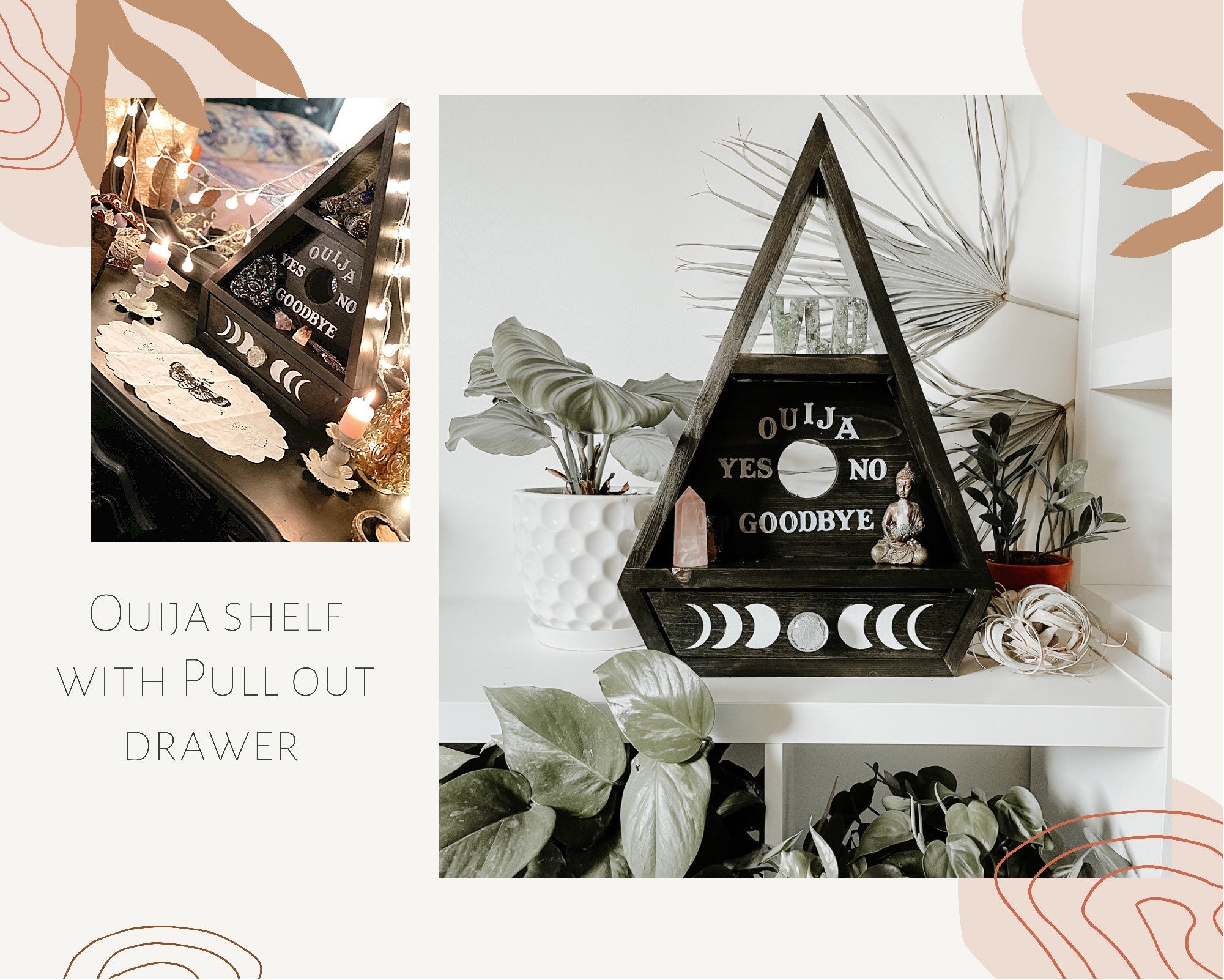 Ouija Planchette Wiccan Altar Shelf With Moon Phase Pull Out