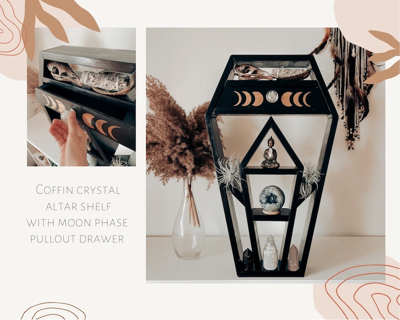 Coffin crystal altar shelf with moon phase drawer image 1