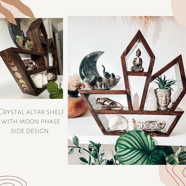 Wood Crystal Altar Shelf with Moon Phase Side Design