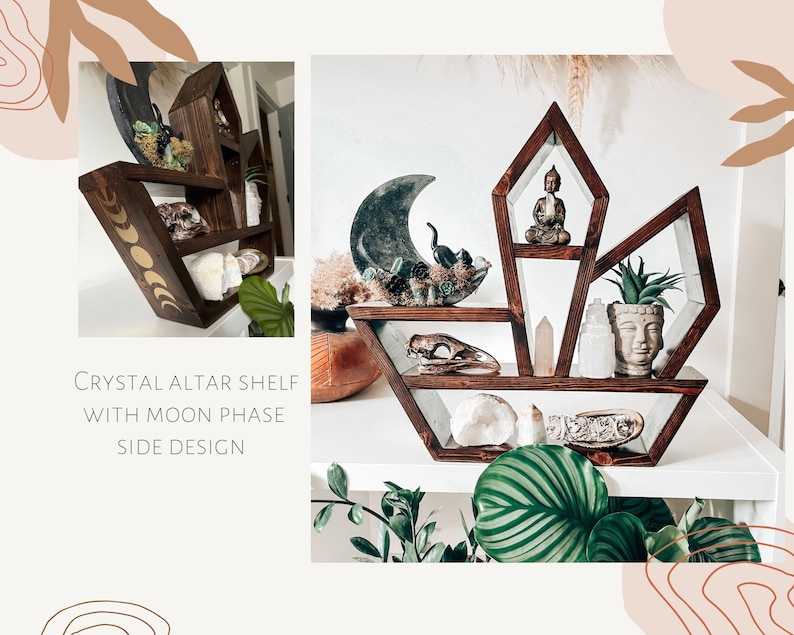 Wood Crystal Altar Shelf with Moon Phase Side Design image 1