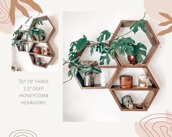 Set of three 5.5” deep boho honeycomb hexagon shelves