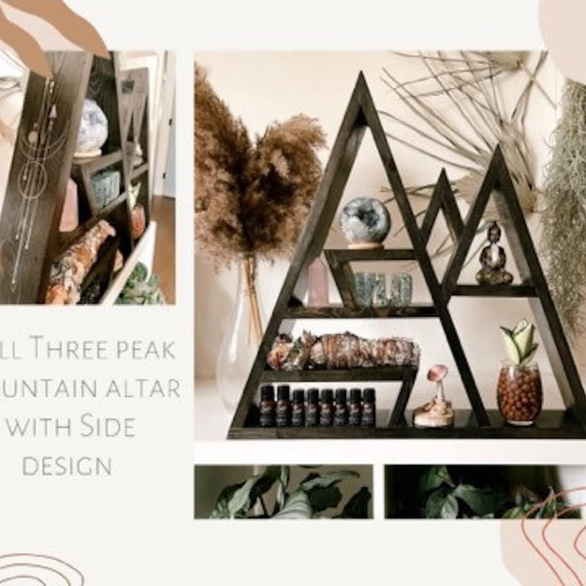 Tall Three Peak Mountain Altar Shelf With Sun and Moon Geometric Side Design - Etsy