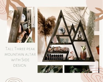 Tall three peak mountain altar shelf with sun and moon geometric side design